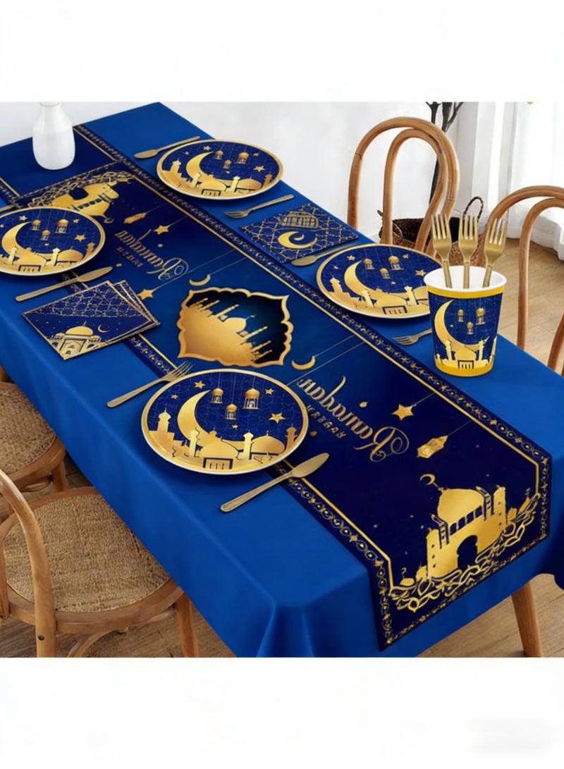 49 PCS Eid Mubarak Dinnerware Set 8 Person Ramadan Tableware Set Dinner Plates Cups Disposable Napkins Forks Ramadan Tablecloth - Image 4